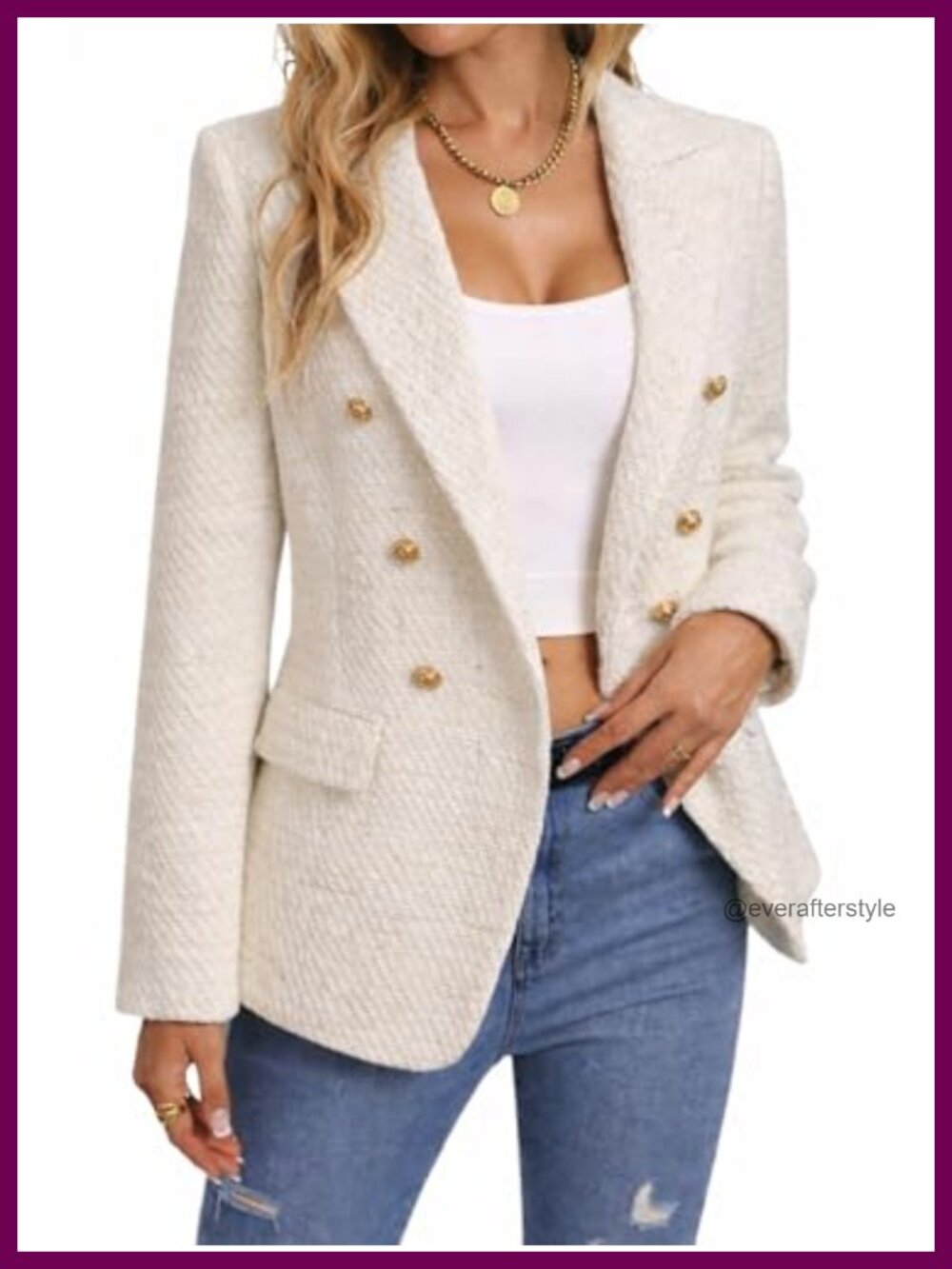 Tweed Blazer Plaid Jacket Business Casual Relaxed Fit Double Breasted